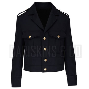 Men’s Luxury Military Leather Jacket – Black Gold Edition Front View