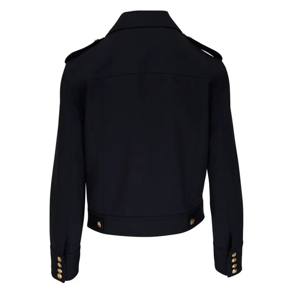 Men’s luxury black leather military jacket with gold accents and premium tailored design
