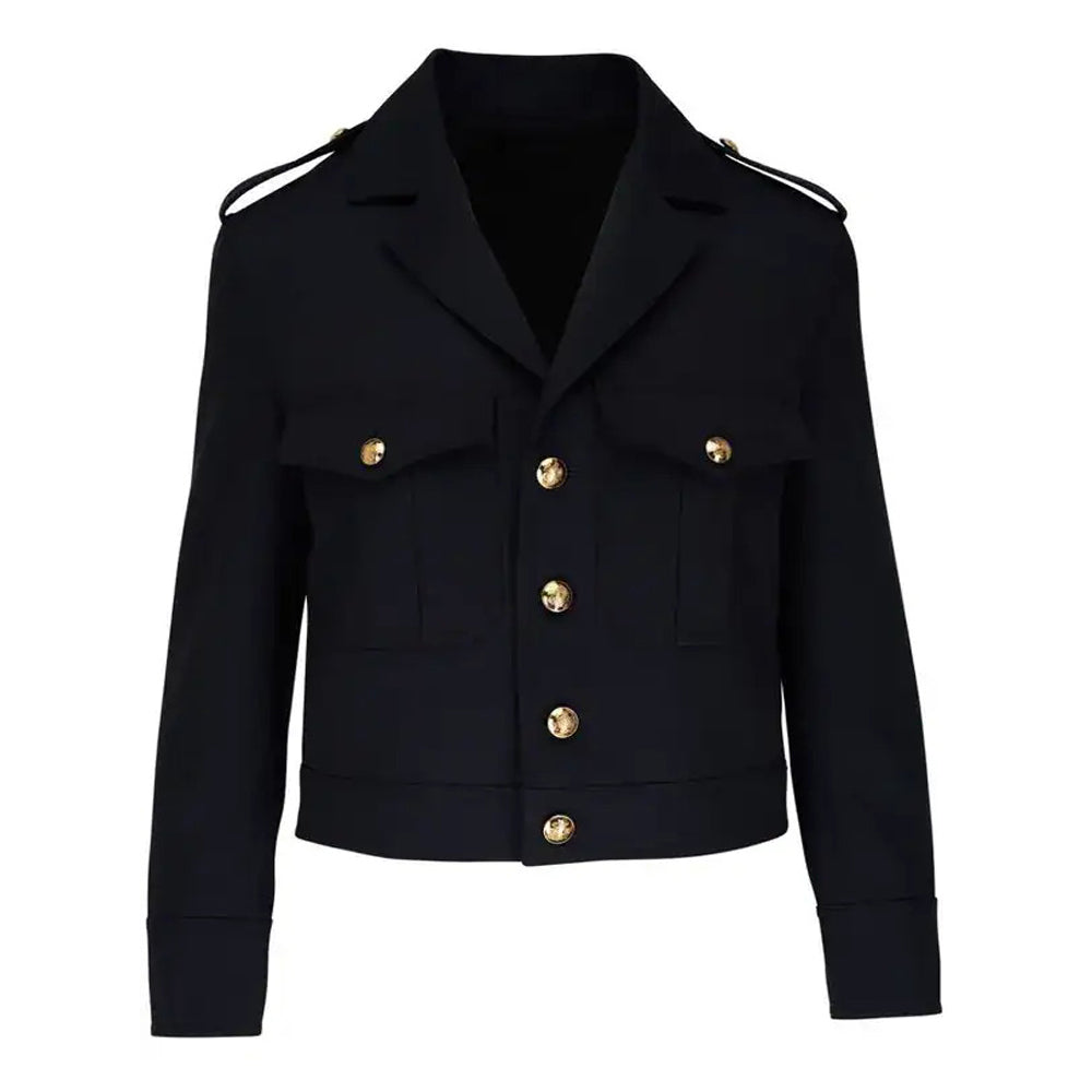Men’s luxury black leather military jacket with gold accents and premium tailored design