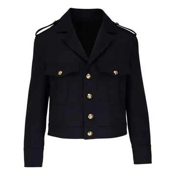 Men’s luxury black leather military jacket with gold accents and premium tailored design