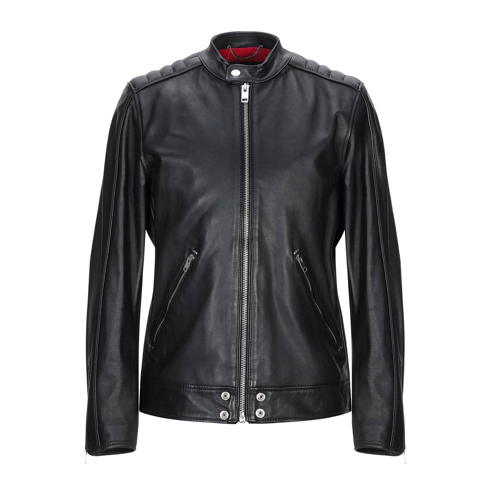 Men’s real leather moto jacket – black quilted racer style front view