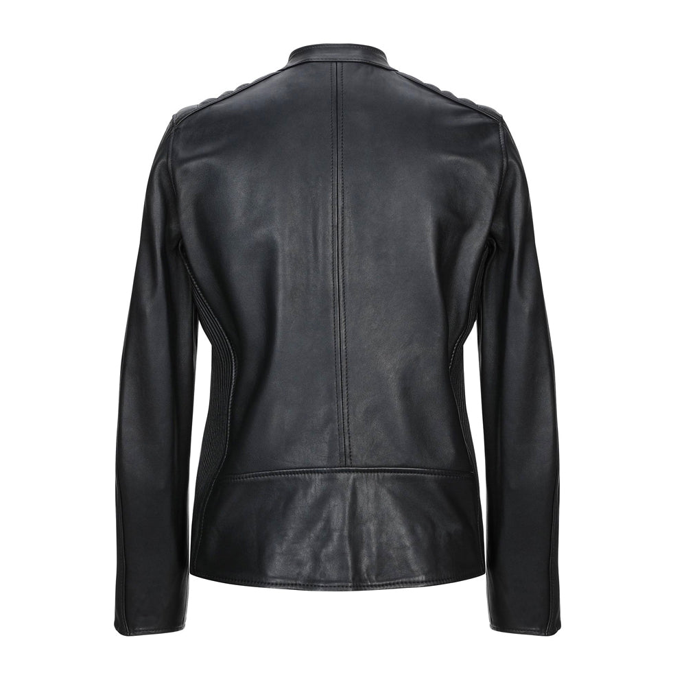 Real lambskin moto jacket men black – quilted shoulders detail