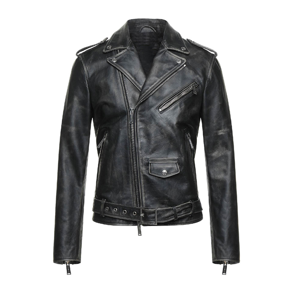 Men’s Real Leather Moto Jacket – Classic Black Biker Coat front view.