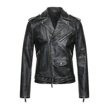 Men’s Real Leather Moto Jacket – Classic Black Biker Coat front view.