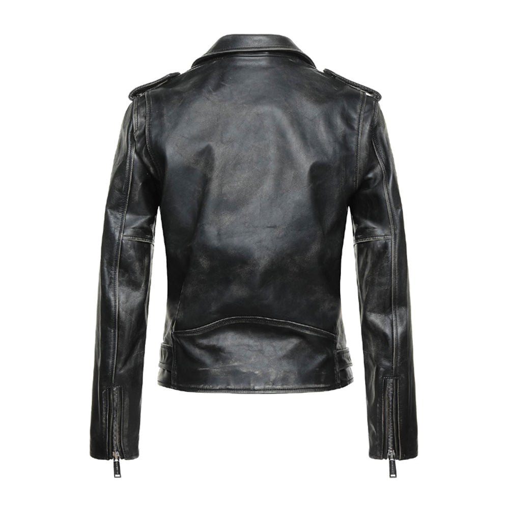 Black lambskin biker jacket for men with asymmetrical zipper and lapel collar.