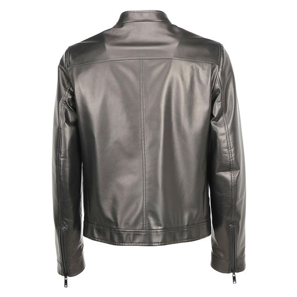 Black leather motorcycle jacket men – back view with ergonomic stitching