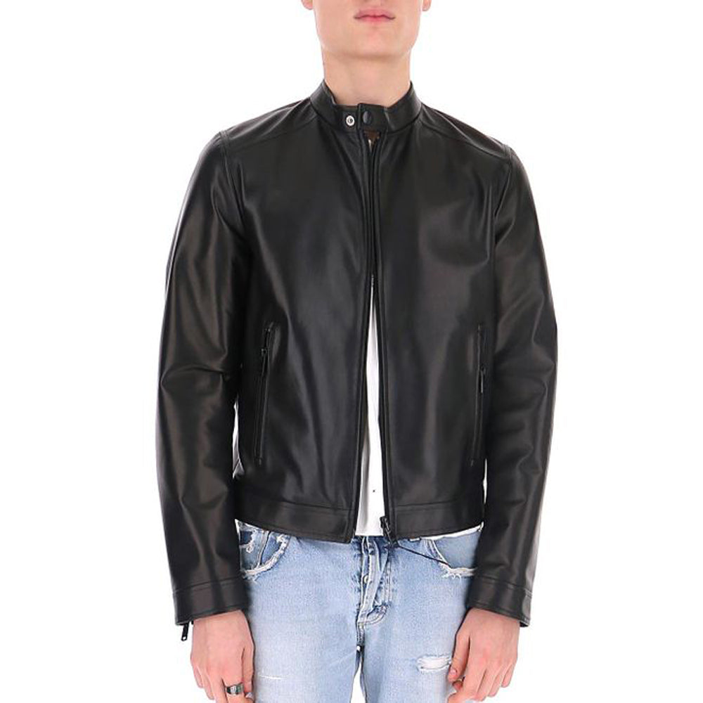 Rider wearing slim fit black real leather motorcycle jacket – outdoor fashion shot