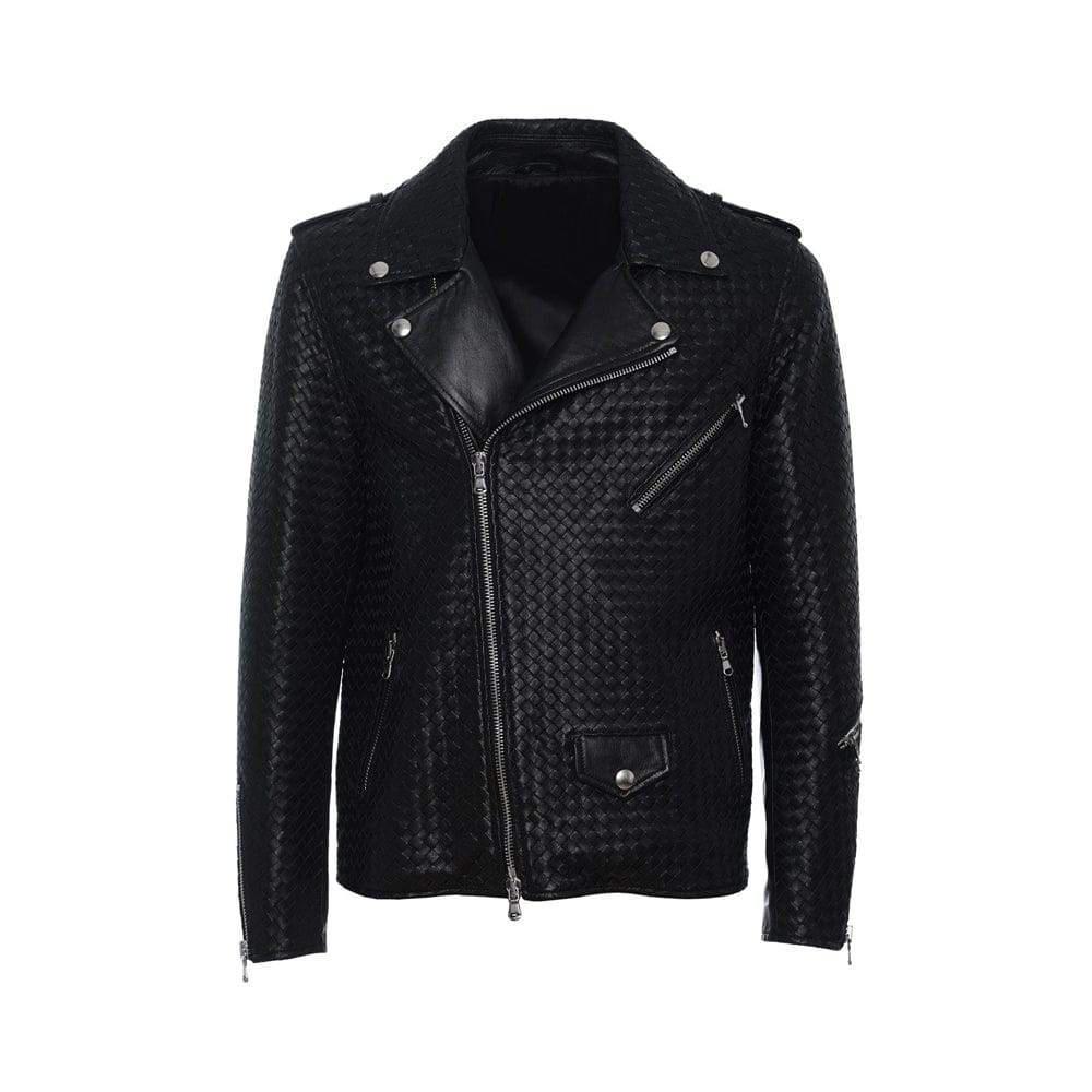 Men’s textured leather motorcycle jacket – classic black handwoven front view