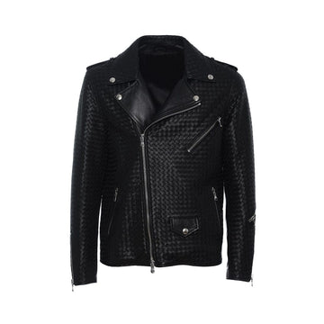 Men’s textured leather motorcycle jacket – classic black handwoven front view