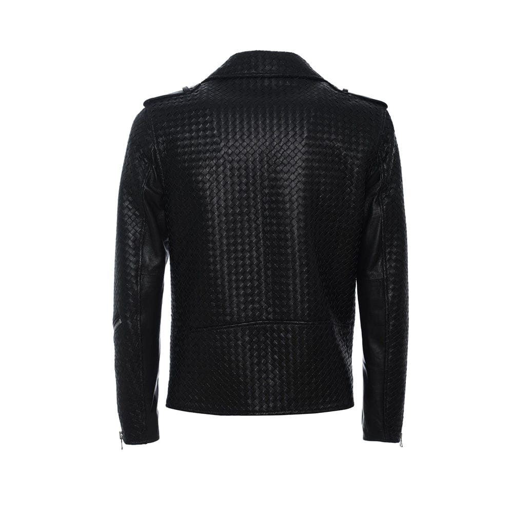 Men’s textured leather motorcycle jacket – classic black handwoven front view