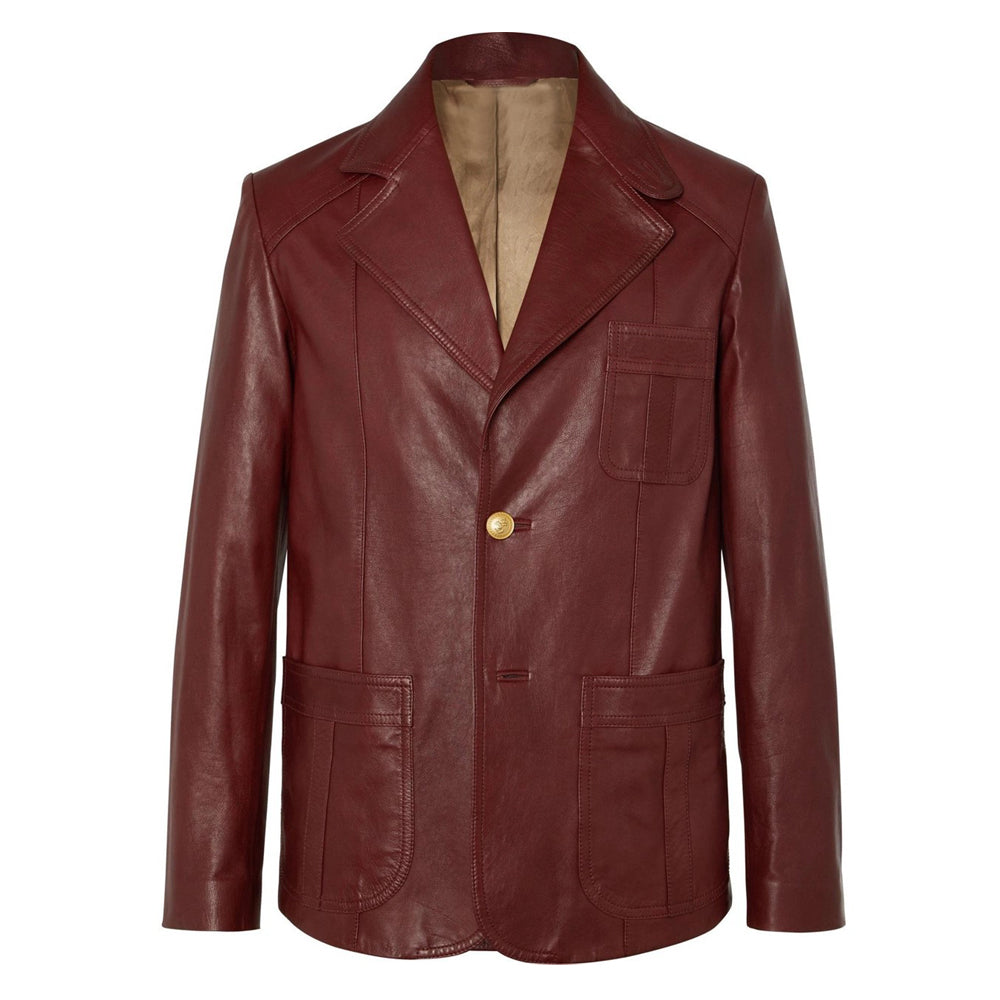 Men’s vintage burgundy leather blazer – premium one-button design.