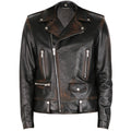 Men’s vintage distressed real leather biker jacket – black moto front view
