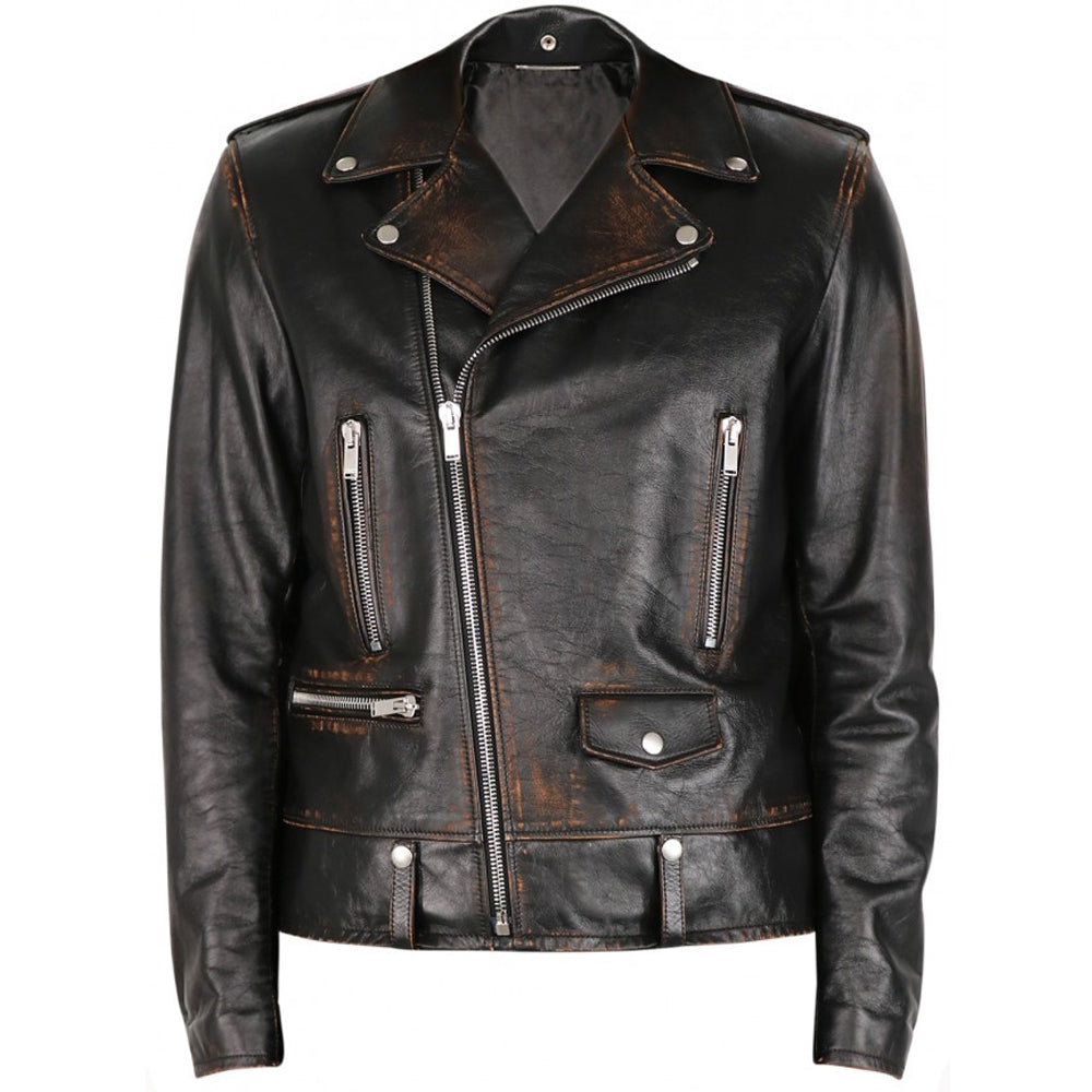 Men’s vintage distressed real leather biker jacket – black moto front view