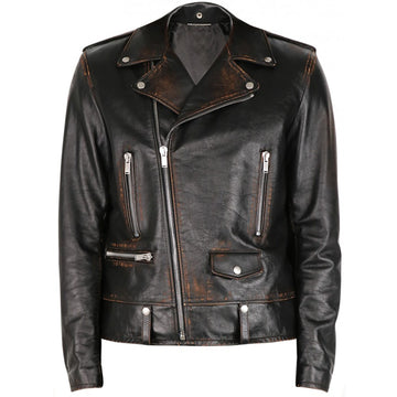 Men’s vintage distressed real leather biker jacket – black moto front view