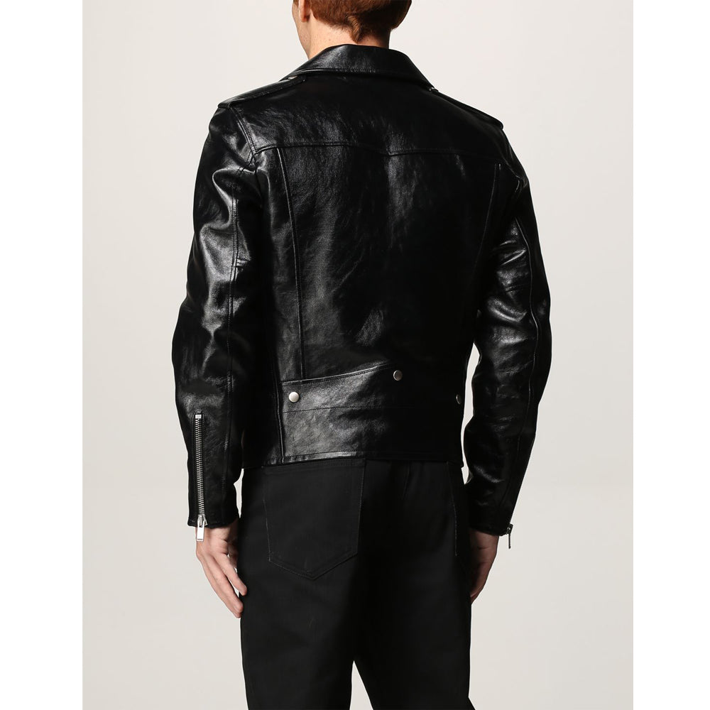 Men’s black moto jacket vintage style – back view showing stitching details
