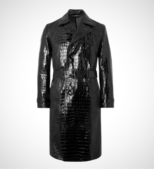 Close-up of a men's black leather trench coat featuring a striking crocodile embossed pattern.