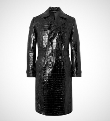 Close-up of a men's black leather trench coat featuring a striking crocodile embossed pattern.