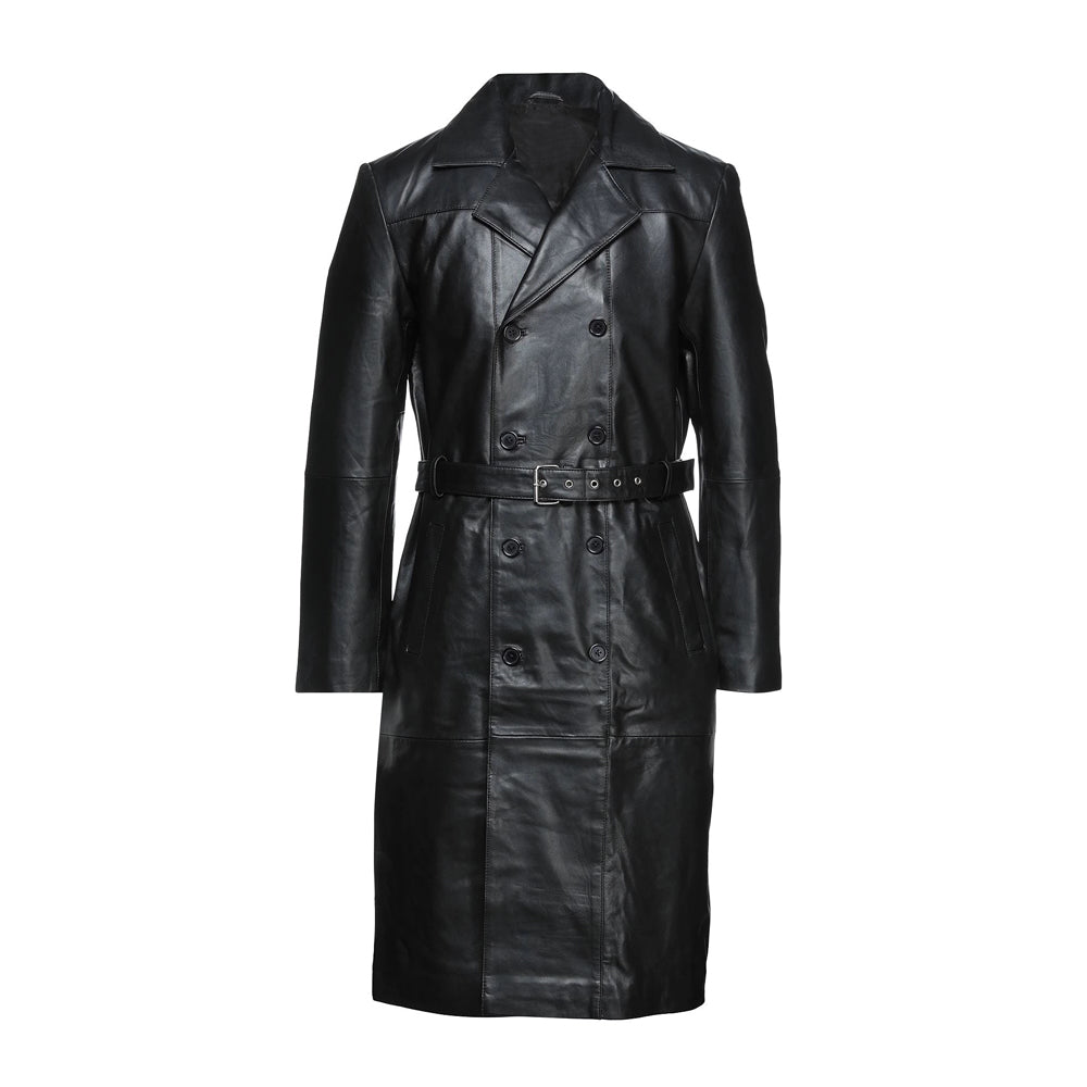 Men's Double-Breasted Black Leather Trench Coat – Belted Winter Wear