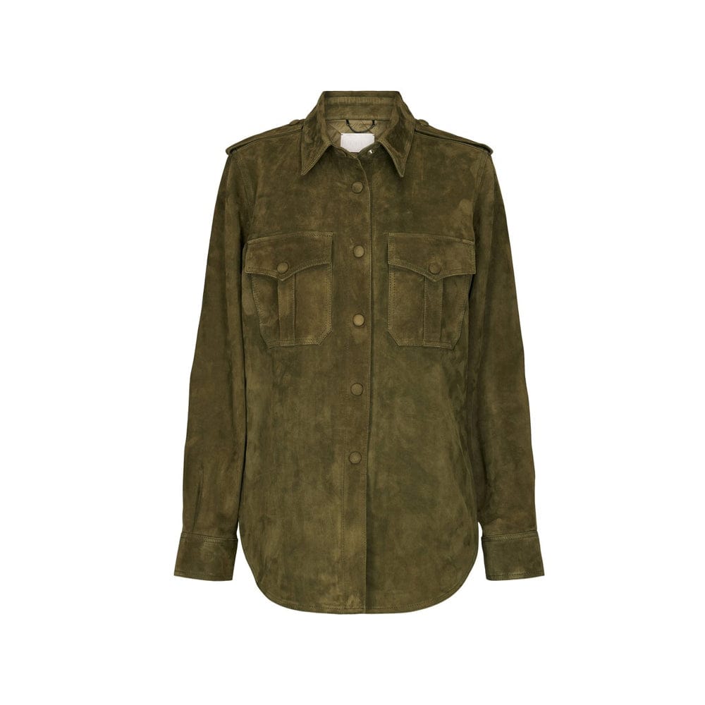 Women’s Olive Green Suede Leather Overshirt – Real Suede Button Jacket Front View