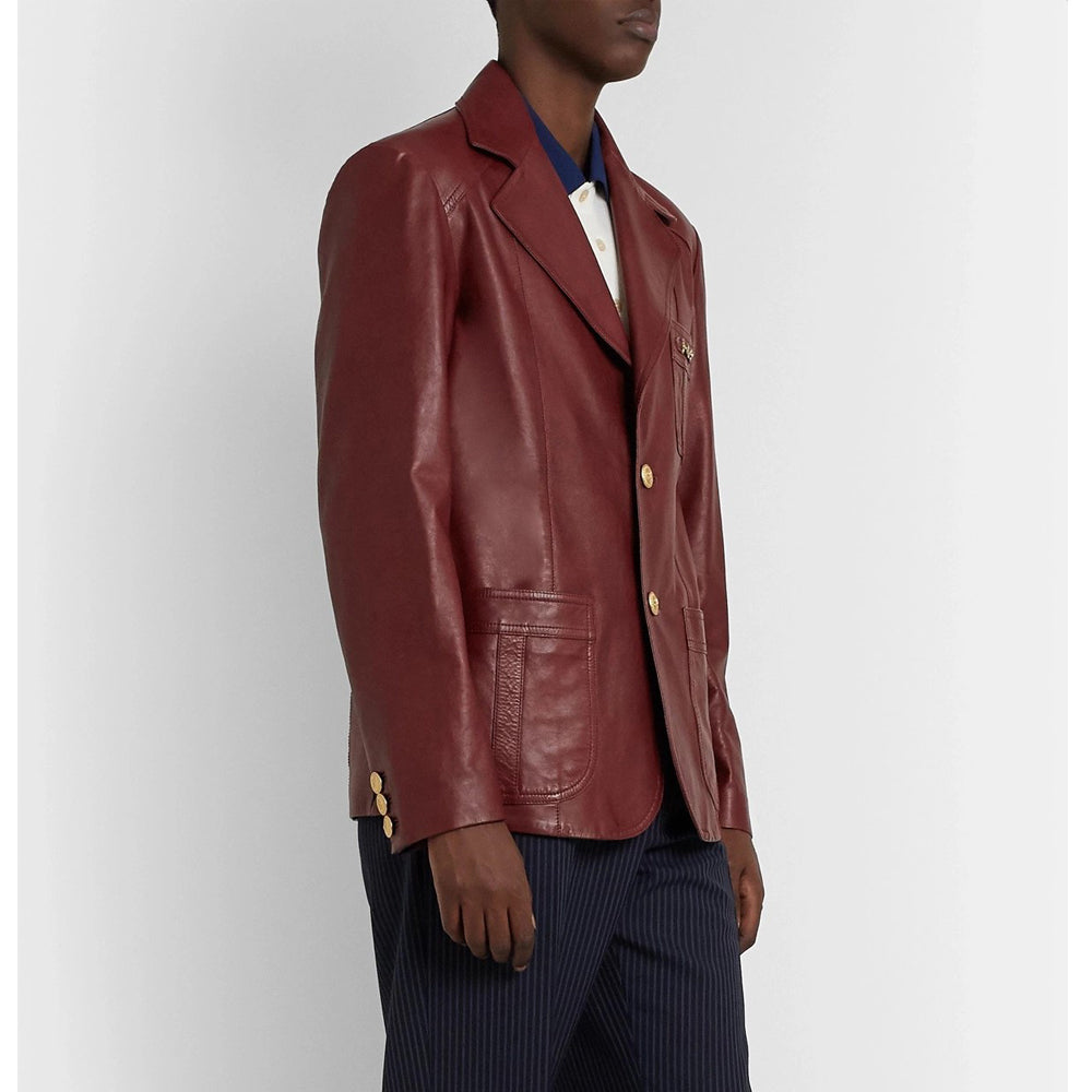 Classic one-button burgundy leather blazer – right side view.
