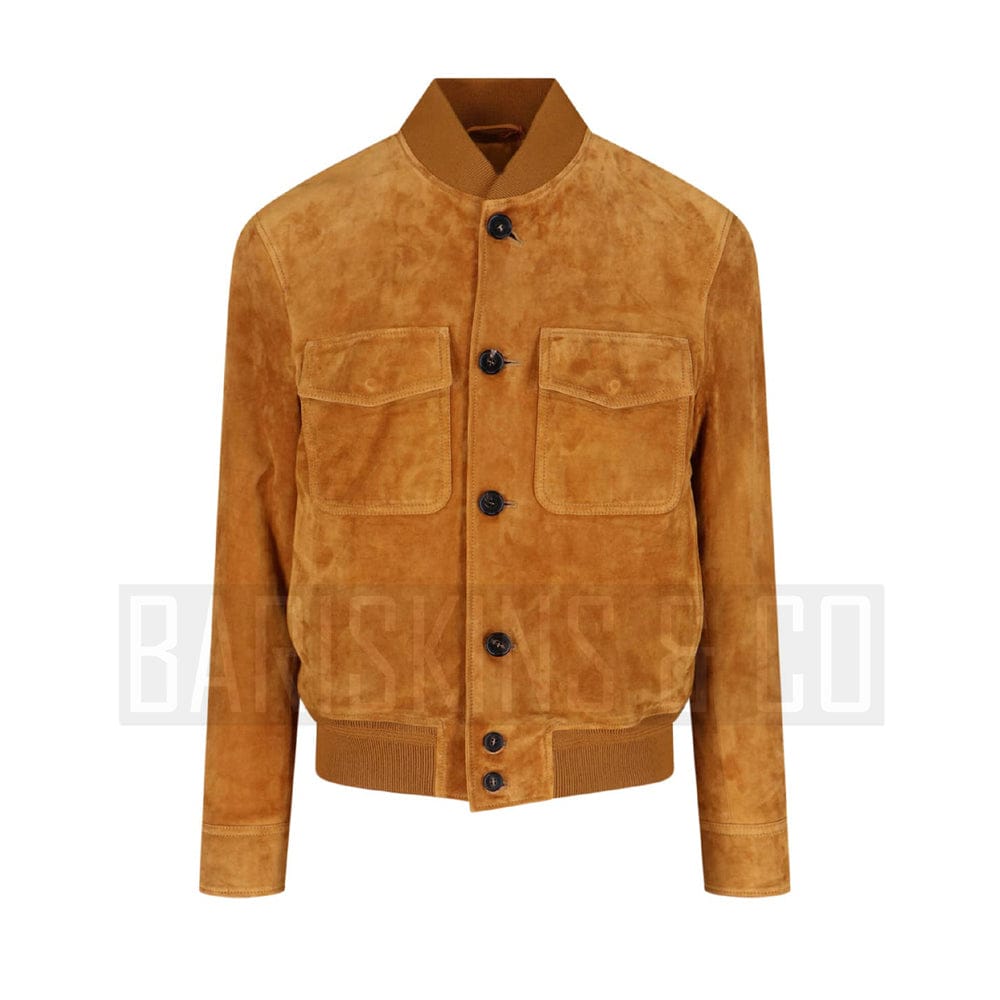 Real suede bomber jacket for men – camel brown leather fit front view
