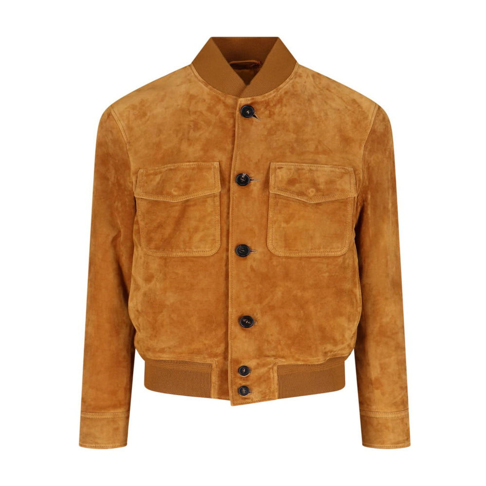 Men’s real suede bomber jacket in camel brown leather with classic fit and soft premium texture