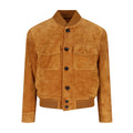 Men’s real suede bomber jacket in camel brown leather with classic fit and soft premium texture