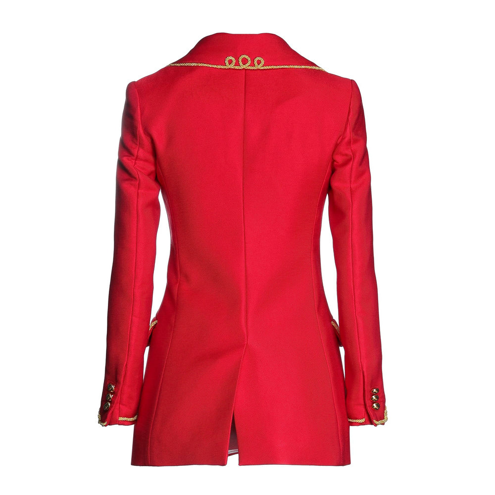 Back view of Red Military Jacket – Trendy Slim Fit Army Style showcasing structured seams, form-fitting cut, and clean lines with subtle military-inspired detailing.