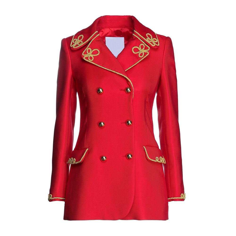Front view of Red Military Jacket – Trendy Slim Fit Army Style featuring gold buttons, intricate gold trim, and tailored silhouette for a bold, fashionable look.
