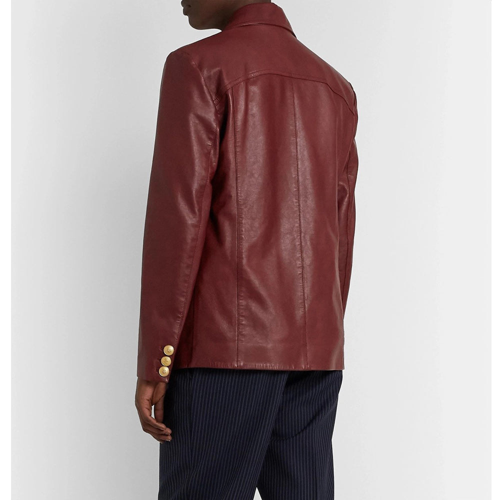 Vintage burgundy leather blazer for men – back view.
