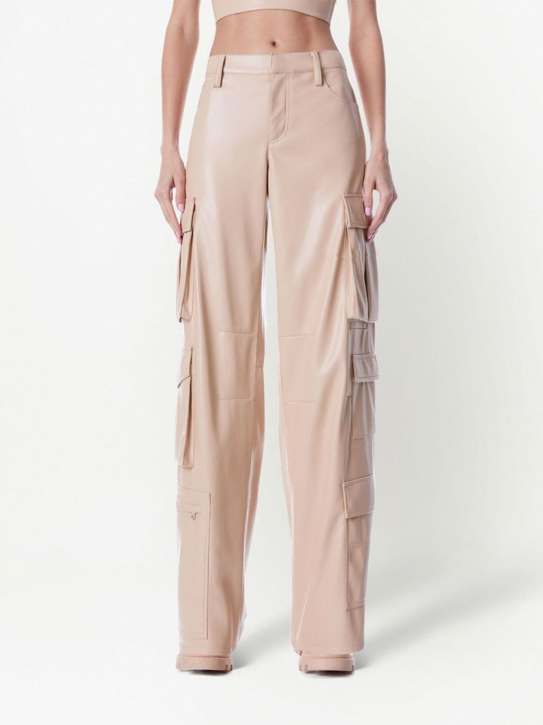 Women's Beige Lambskin Leather Cargo Pants – Front View.