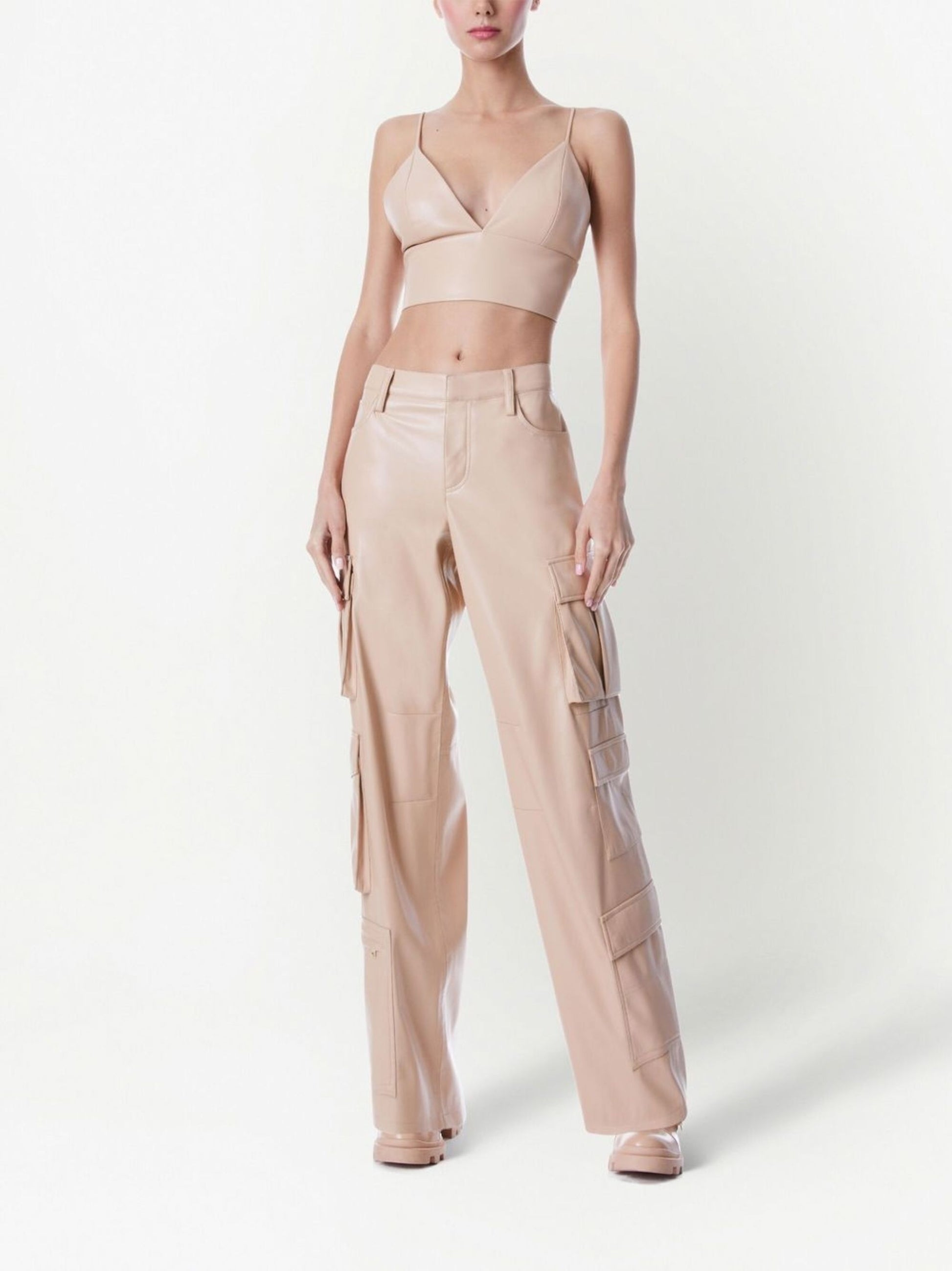 High-Waist Straight Fit Cargo Trousers in Real Leather.