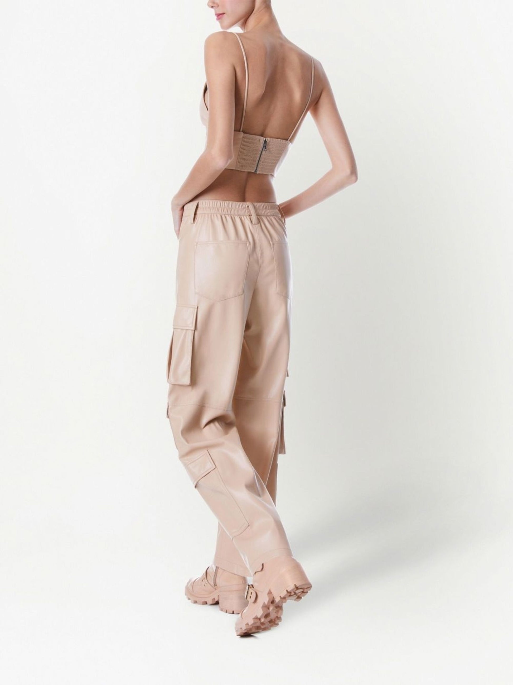 Beige Lambskin Cargo Pants with Functional Side Pockets.