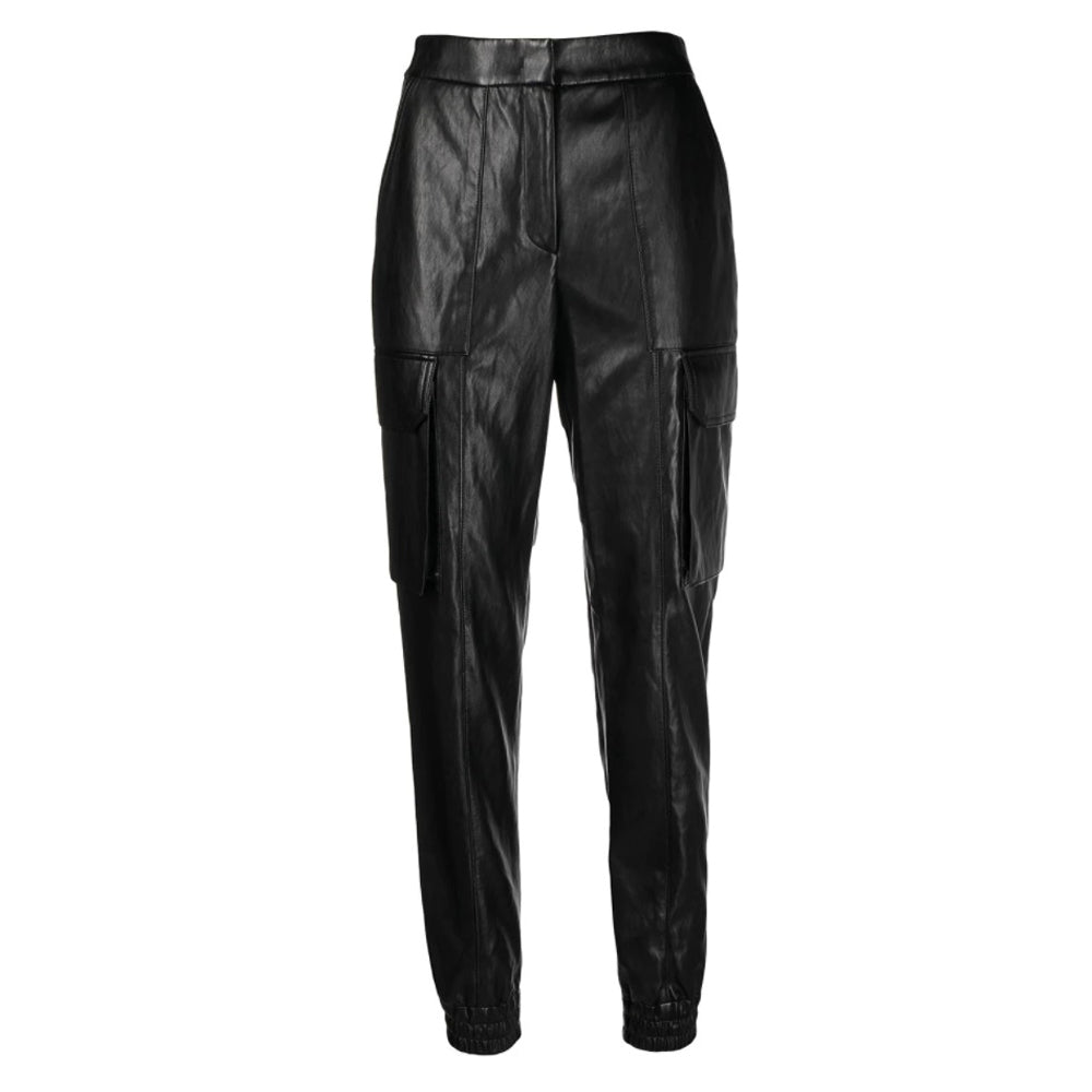 Women's Black Leather Cargo Pants - High Waist Front View.