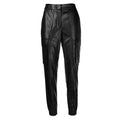 Women's Black Leather Cargo Pants - High Waist Front View.