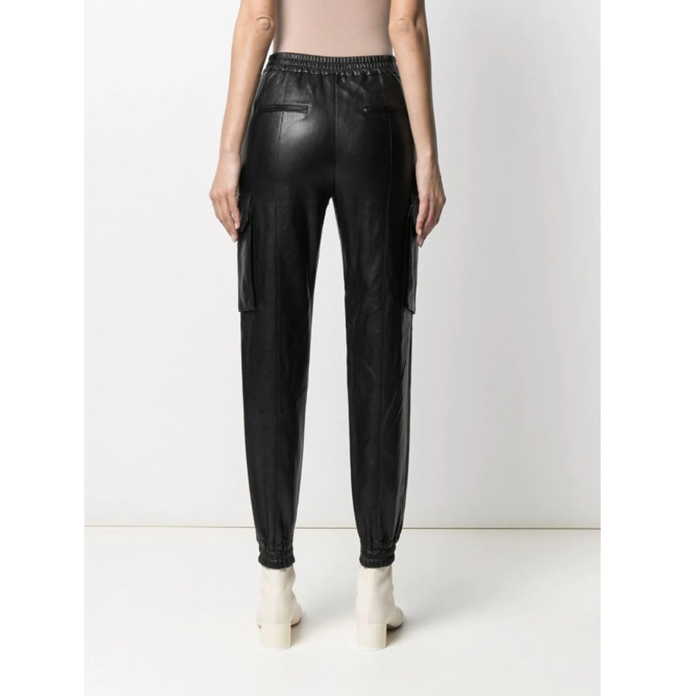 Women's Black Leather Cargo Pants - High Waist Front View.