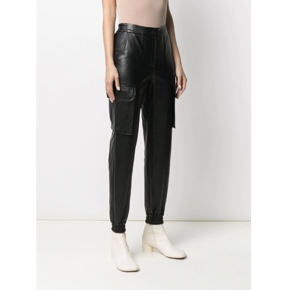 Women's Black Leather Jogger Pants - Relaxed Fit Full View.