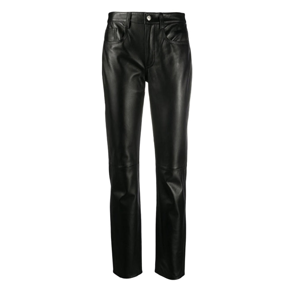 Women's Black Leather Skinny Pants - Front View Slim Fit.