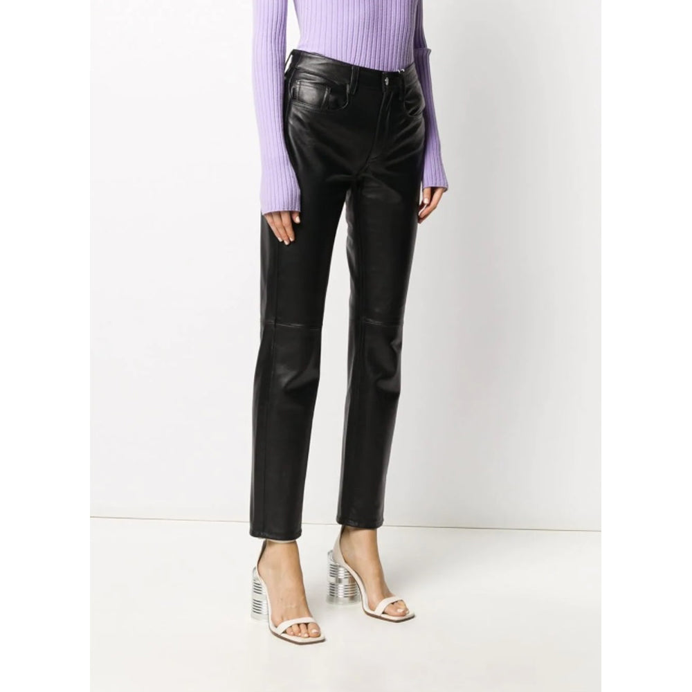 Women's High Rise Black Leather Pants - Side Profile.