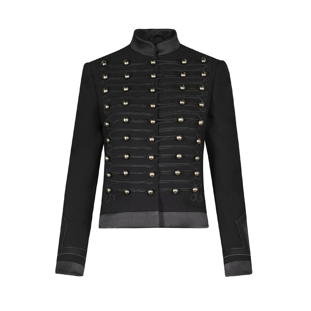 Rear View of Women’s Black Military Jacket – Structured Vintage Band Leader Coat Featuring a Flared Hem and Classic Military Styling.
