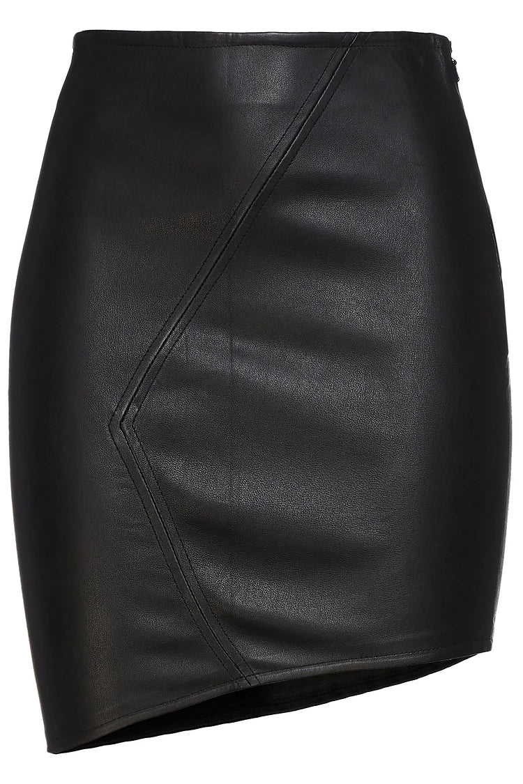 Womens Black Real Leather Mini Skirt – Front View with Asymmetrical Hem.