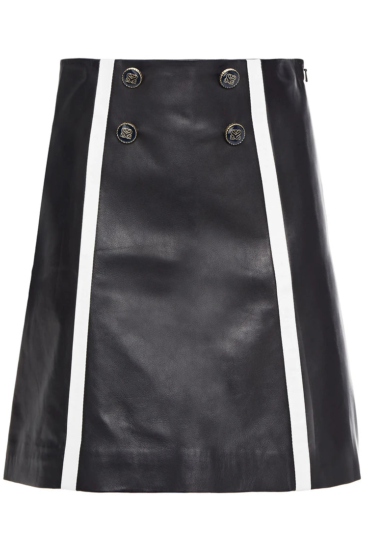 Womens Black Real Leather Mini Skirt – Button Front and Trim Detail.