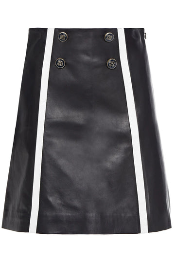 Womens Black Real Leather Mini Skirt – Button Front and Trim Detail.
