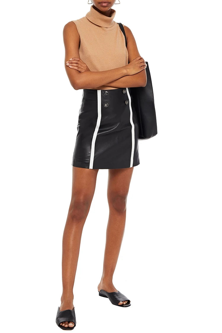 Womens Black Real Leather Mini Skirt – Button Front and Trim Detail.