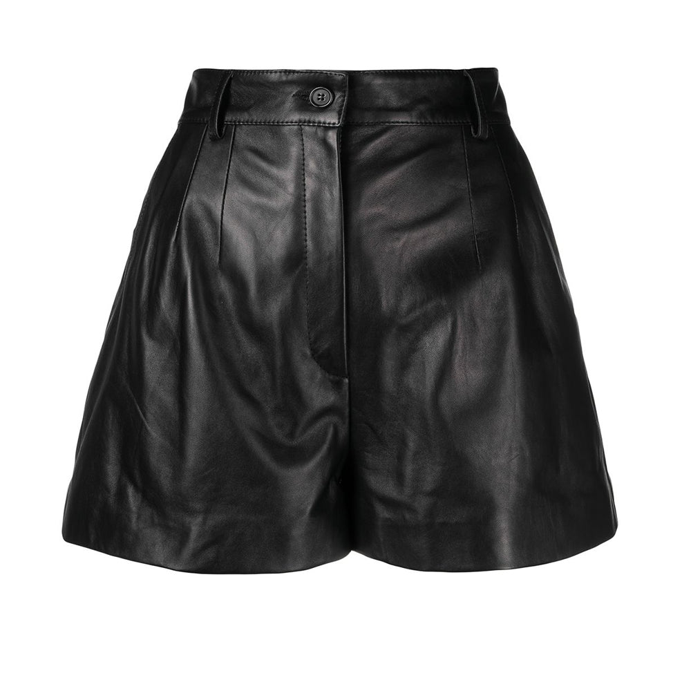 Front view of womens high-waisted black real leather shorts with a casual fit and smooth finish.