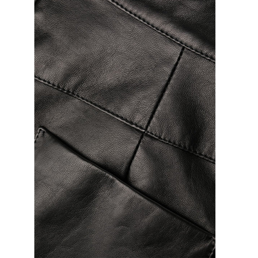 Front view of womens high-waisted black real leather shorts with a casual fit and smooth finish.