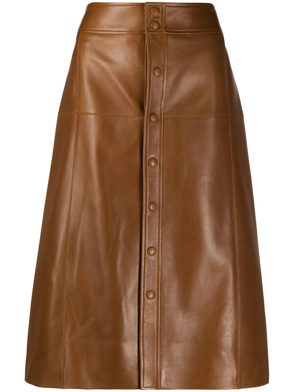 Womens Brown A-Line Midi Skirt – Real Leather Front Snap.