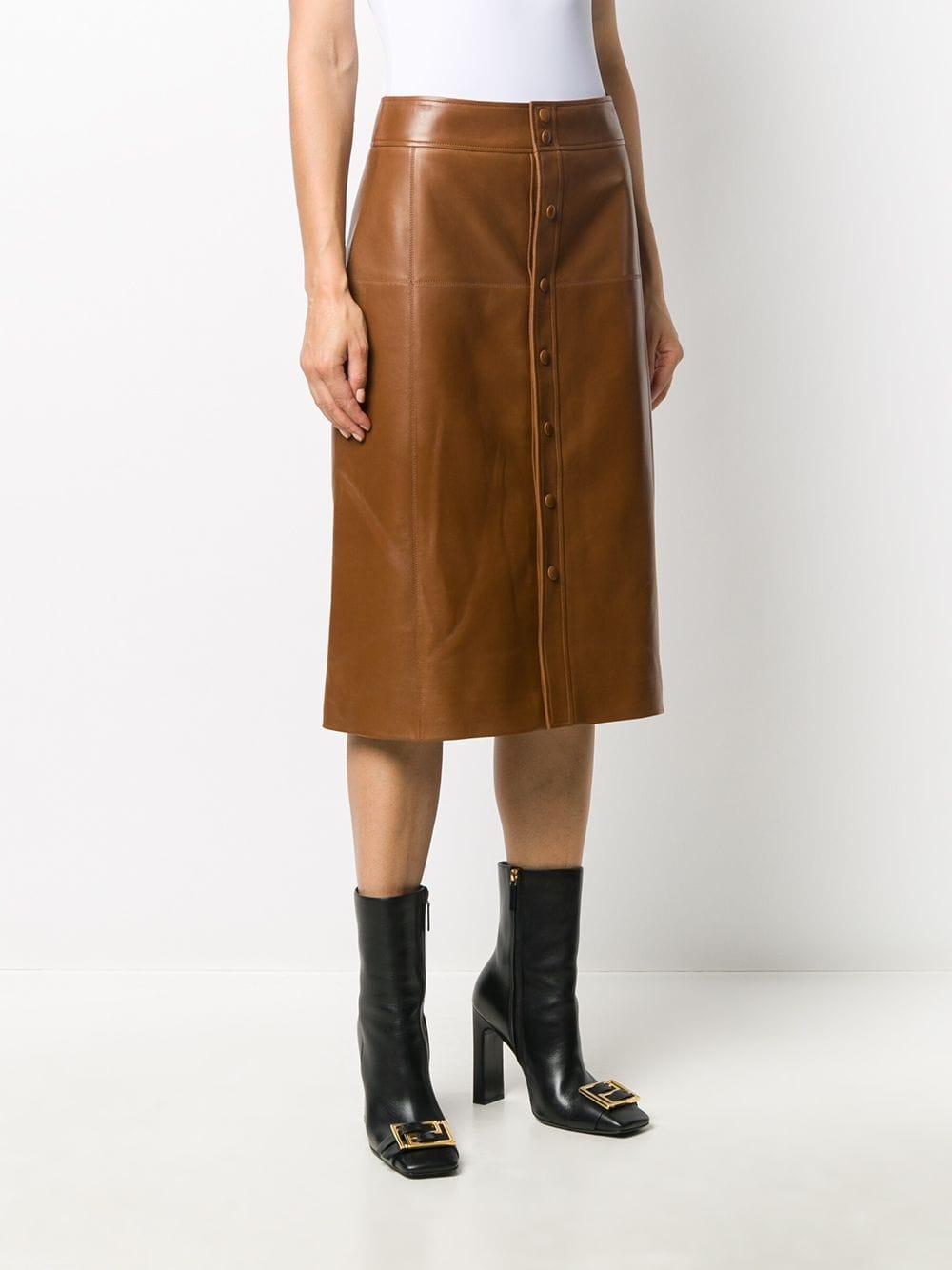 Womens Brown A-Line Midi Skirt – Real Leather Front Snap.