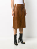Real Leather Brown Midi Skirt – Side Angle Snap Detail.