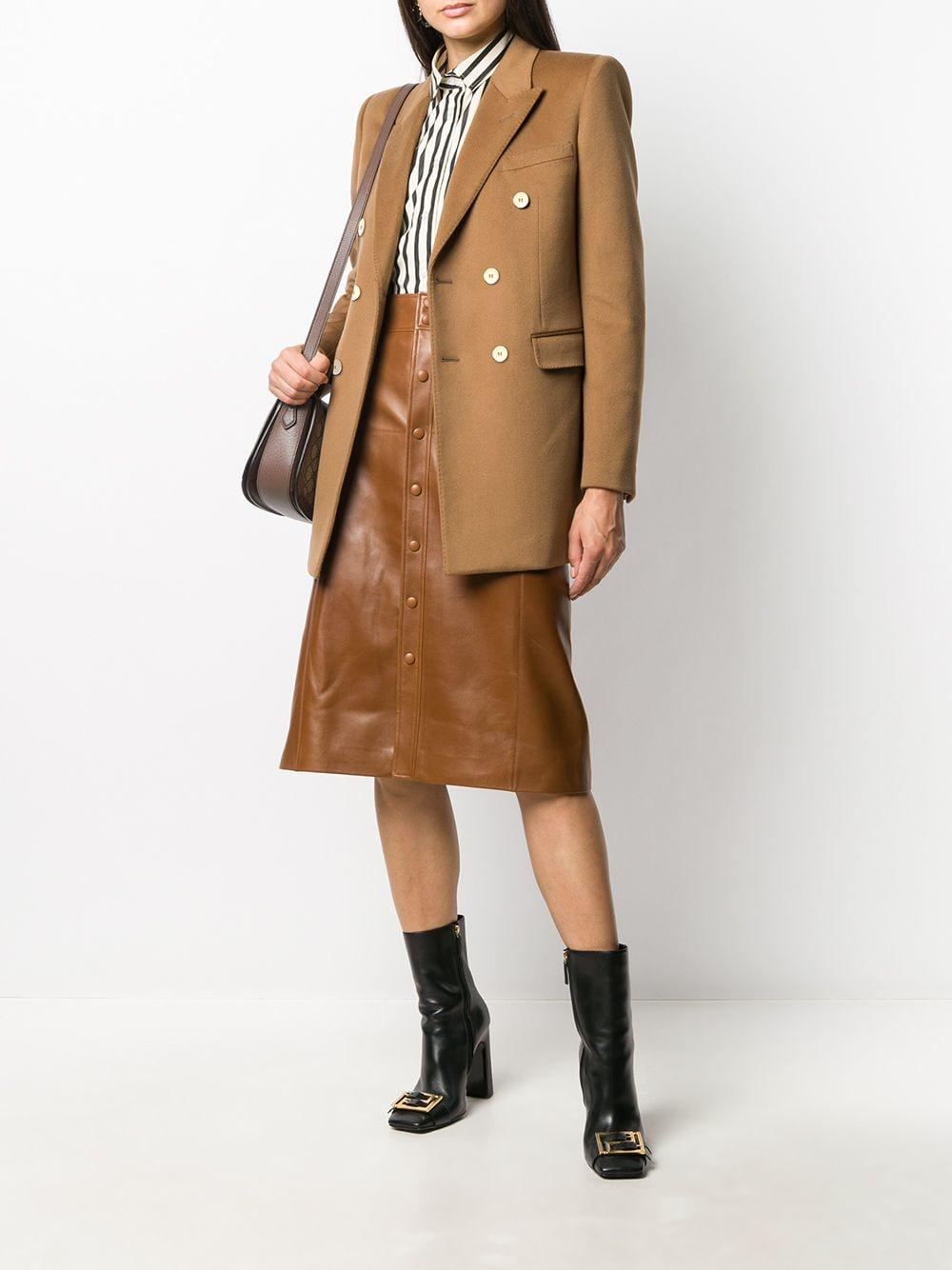 Real Leather Brown Midi Skirt – Side Angle Snap Detail.